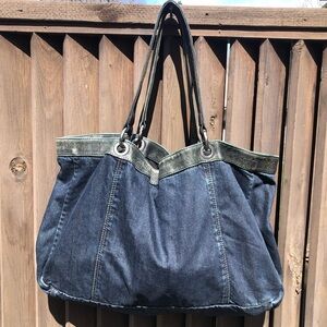 J JILL Oversized Denim Tote w/Leather Trim
